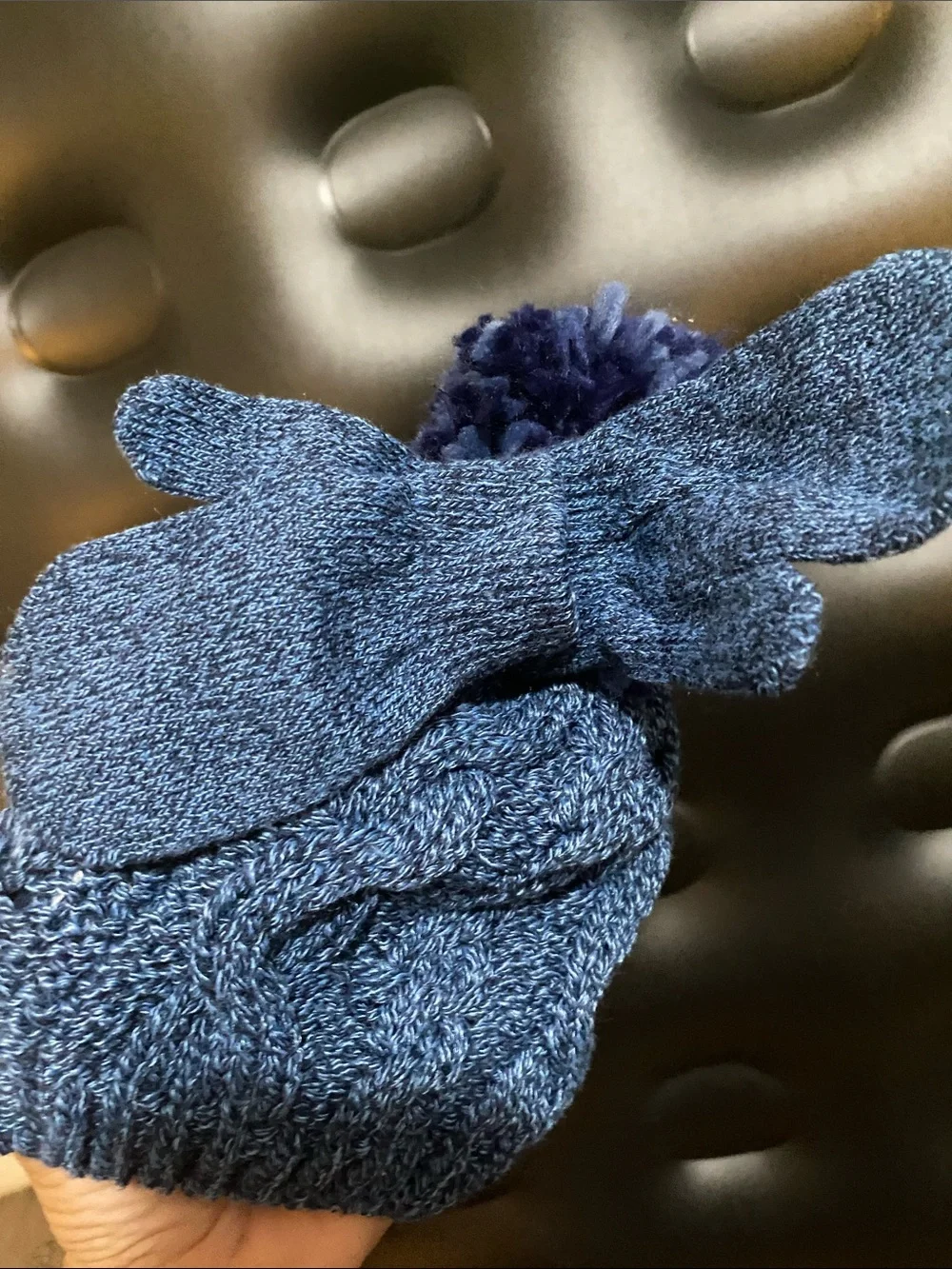 Laura Ashley Blue Cable Knit Pom Hat with Matching Mittens - Kids